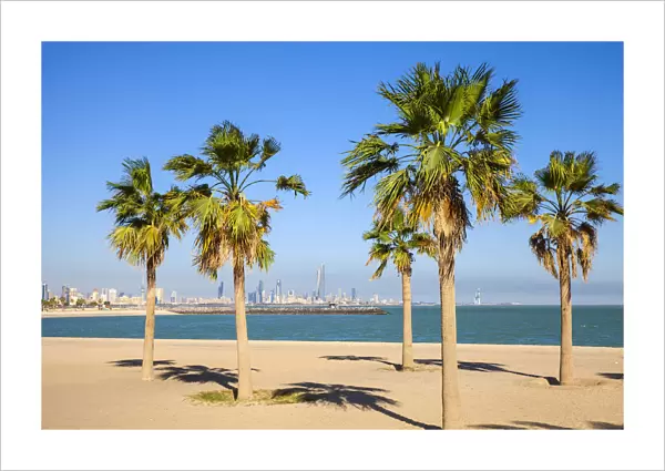 Kuwait, Kuwait City, Salmiya, Palm beach with city skyline in background