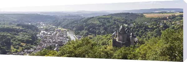 Luxembourg, Vianden, View of Vianden Castle, town and valley