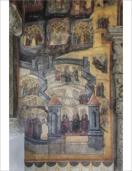 Romania, Transylvania, Sinaia, Sinaia Monastery, small church, exterior frescoes