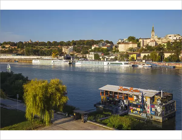 Serbia, Belgrade, Floating bar and nightclub on Sava River across to St