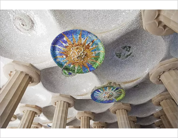 Spain, Barcelona, Guell Park, Ceiling Detail in the Hall of Columns