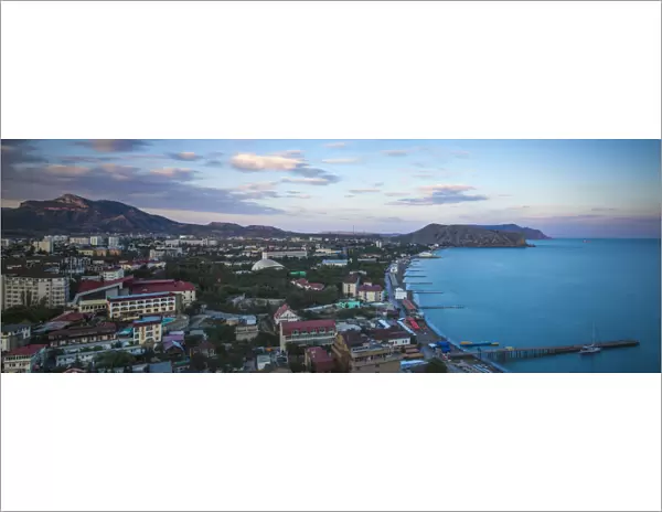Ukraine, Crimea, Sudak View of city and Black Sea coast