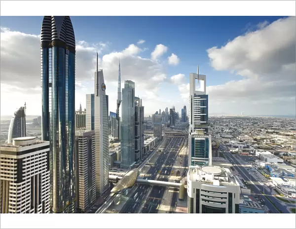 Skyscrapers along Sheikh Zayed Road looking towards the Burj Kalifa, Dubai, United