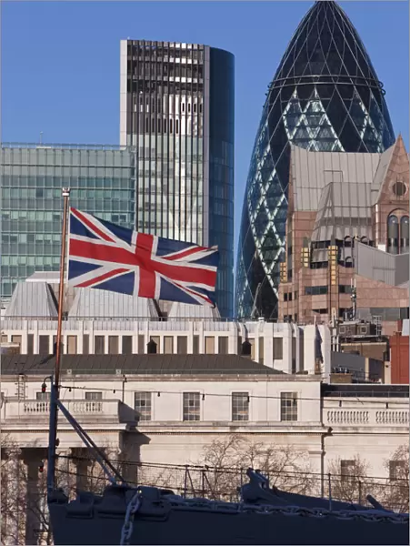 Union Jack flag, Gherkin building, City of London, London, England, UK