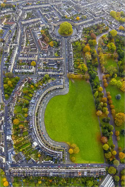 Aerial view over the Georgian city of Bath, Royal Victoria Park and Royal Cresent
