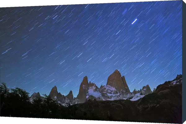 Fitz Roy at night with star trails from Poincenot campground, Los Glaciares National Park
