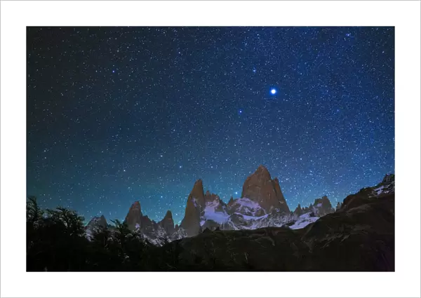 Fitz Roy at night with stars from Poincenot campground, Los Glaciares National Park