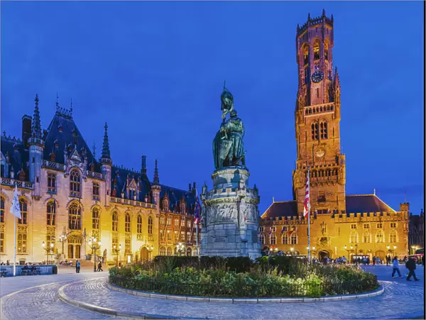 Bruges town hall and Belfort (Beffroi) by night, Belgium