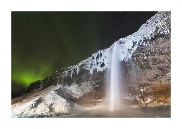 Northern lights at Seljalandsfoss, Skogar, Iceland, Northern Europe
