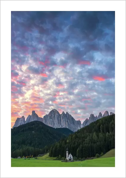 Sunrise in San Giovanni in Ranui in Funes valley. Europe, Italy, Bolzano province