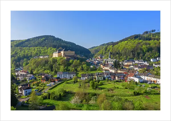 Aerial view at Malberg with castle, Kyll valley, Eifel, Rhineland-Palatinate, Germany