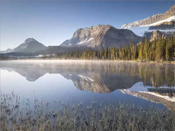 Misty morning at Bow Lake in the Canadian Rockies, Alberta, Canada