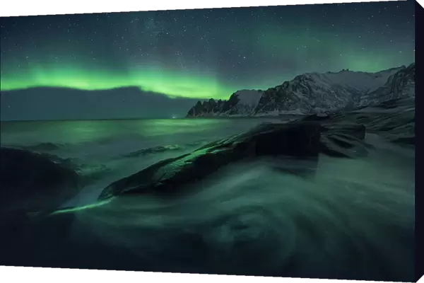Aurora borealis over Tungeneset and the Okshornan Peaks, Senja Island, Norway
