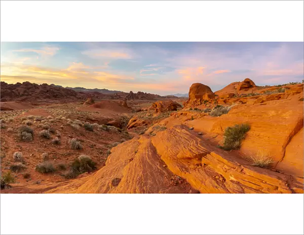 Panoramic view of red rocks at White Domes area before sunset, Valley of Fire State Park