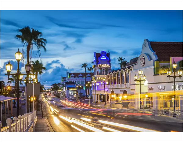 Caribbean, Aruba, Oranjestad, The Lloyd G. Smith Boulevard at night