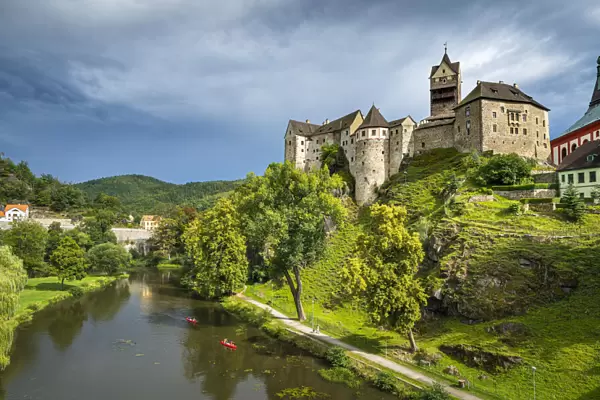 Loket Castle and kayakers on Ohre river, Loket, Sokolov District, Karlovy Vary Region