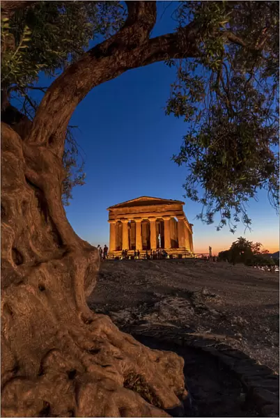 Agrigento, Sicily. People visiting Concordia Temple in the Valley of Temples at dusk