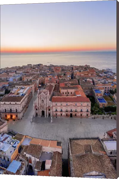 Siracusa, Sicily. Aerial view of Ortigia island at sunrise with the Cathedral
