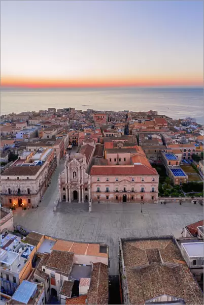 Siracusa, Sicily. Aerial view of Ortigia island at sunrise with the Cathedral