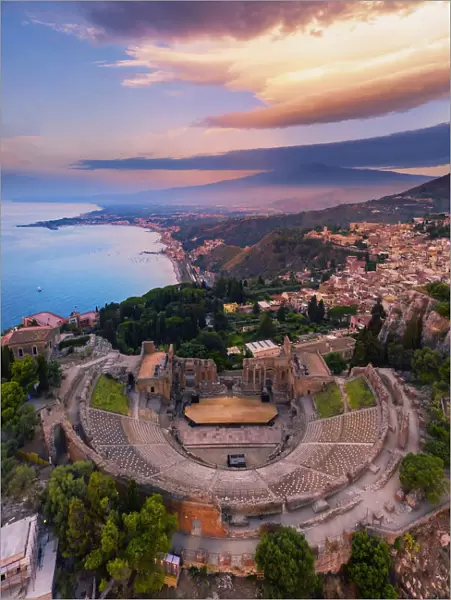 Taormina, Sicily. Aerial view of the Greek theater with the Etna Volcano in the