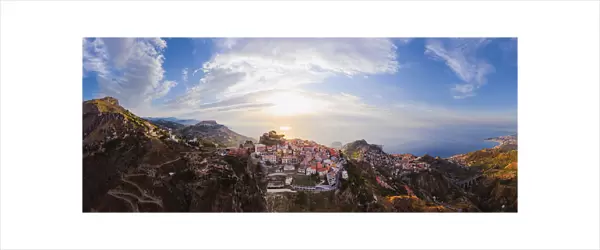 Taormina, Sicily. Aerial view of Castelmola village and Taormina in the background with