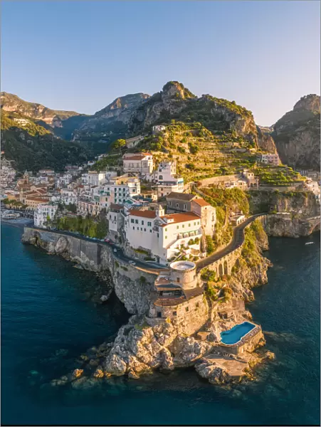 Aerial view of Amalfi, Amalfi Coast, Gulf of Salerno, Salerno province, Campania, Italy