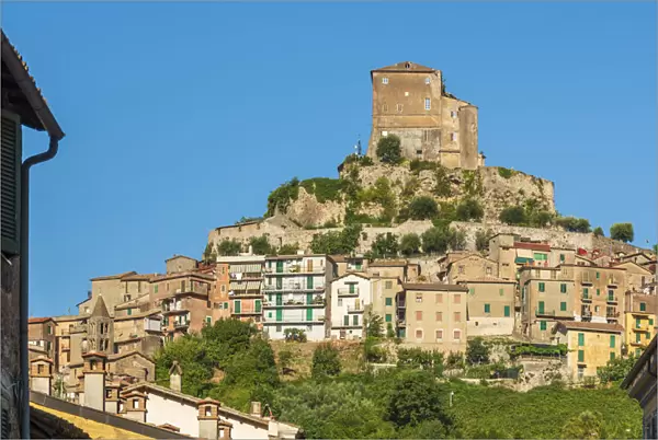 europe, Italy, Latium. View of the town of Subiaco with the fortress towering above the