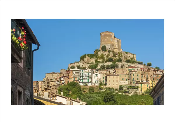europe, Italy, Latium. View of the town of Subiaco with the fortress towering above the