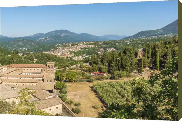 europe, Italy, Latium. View of the monastery of Santa Scolastica and the town of Subiaco