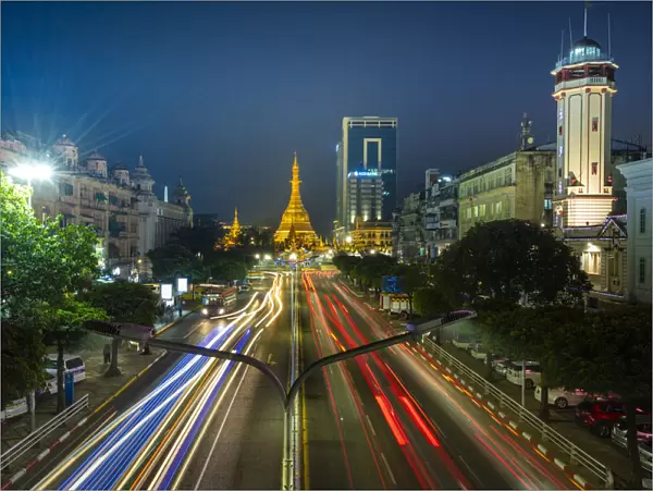 Light trails on street by Sule Pagoda against sky at night, Yangon, Yangon Region