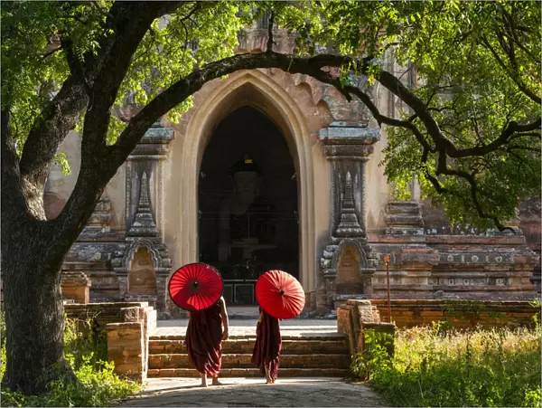 Two novice Buddhist monks with red umbrellas walking to temple, Bagan, Mandalay Region