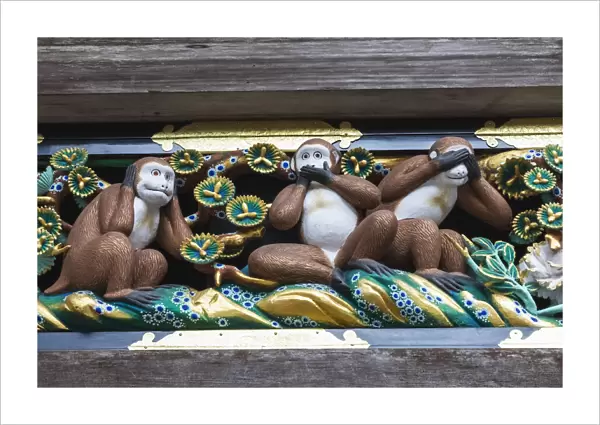 Japan, Honshu, Tochigi Prefecture, Nikko, Toshogu Shrine, The Famous Three Wise Monkeys