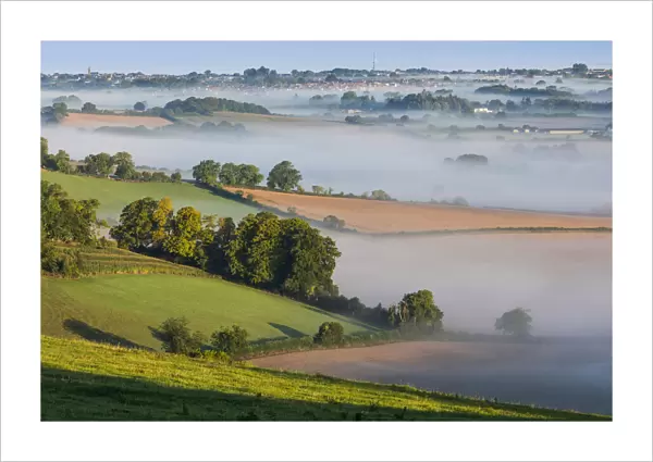 Mist lying over the Cranborne Chase with Shaftesbury in the distance, Wiltshire, England