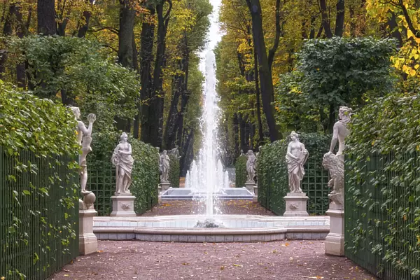 Statues and fountains of the Summer Garden (Letniy sad) in autumn, Saint Petersburg