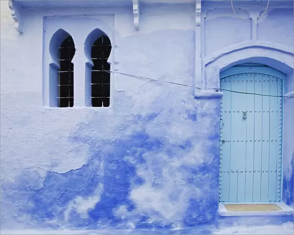 Blue wall, doorway and window, Chefchaouen, Morocco