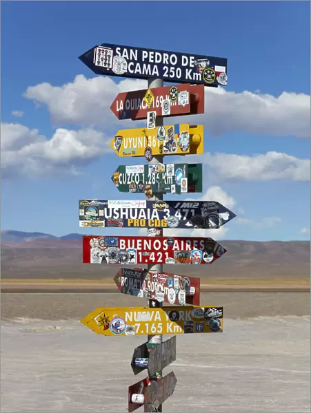 Road signs in the 'Salinas Grandes'salt flat, Jujuy, Argentina