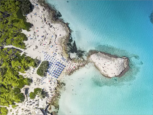 Beach umbrellas on white sand beach by turquoise sea from above, Punta della Suina