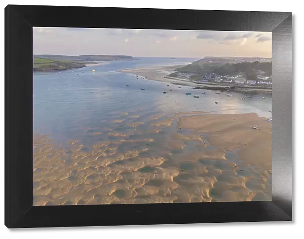 Aerial view of Rock and the Camel Estuary at dawn, Rock, Cornwall, England