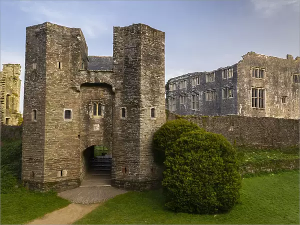 The ruins of Berry Pomeroy Castle at dawn, South Hams, Devon, England