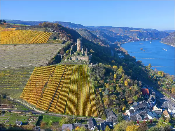 Aerial view at the Furstenberg castle, Oberdiebach, Rhine valley, Rhineland-Palatinate, Germany