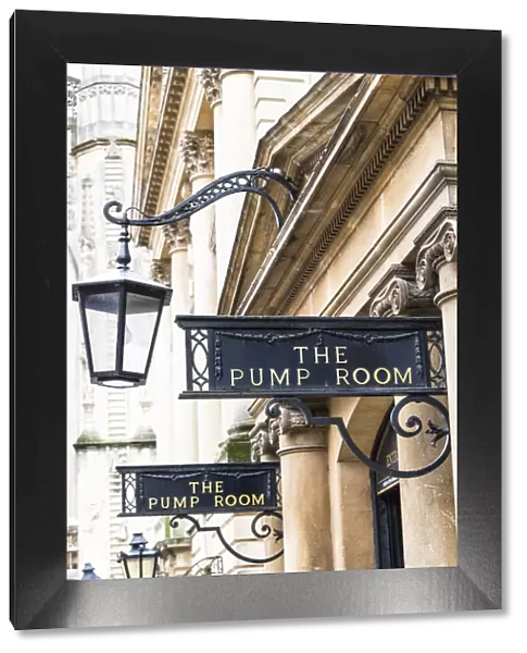 The signs and lanterns of the Pump Room restaurant, Bath, Somerset, England