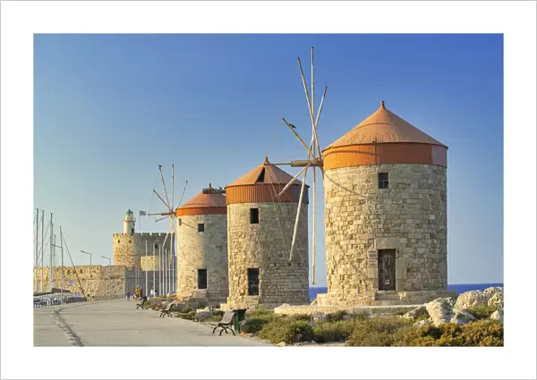 Windmills & St. Nicholas Fortress, Rhodes, Dodecanese Islands, Greece