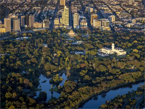 Aerial of Government House and the Royal Botanic Gardens, Melbourne, Victoria, Australia