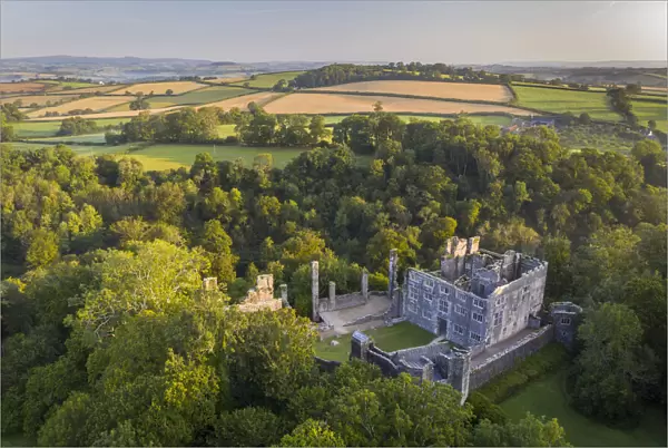 Aerial view of Berry Pomeroy Castle at dawn, Devon, England. Summer (August) 2021
