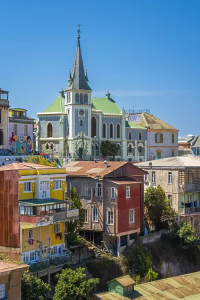 Colorful houses and Lutheran Church of the Holy Cross, Cerro Concepcion, UNESCO, Valparaiso, Valparaiso Province, Valparaiso Region, Chile