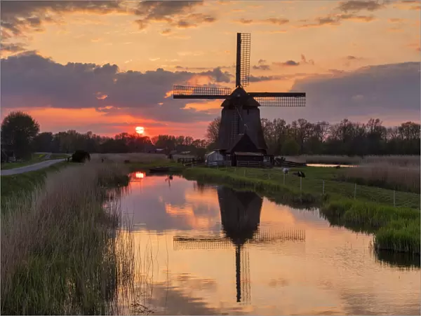 Windmill Reflecting in Dyke at Sunset, Oterleek, Holland, Netherlands