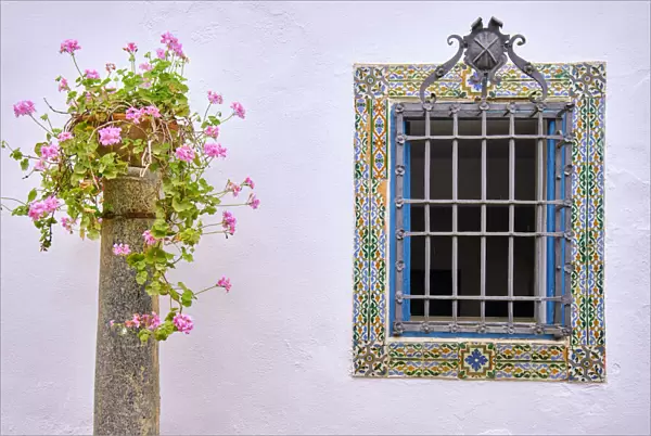 Window in the Patio de los Jardineros, Palacio de Viana, a 14th century palace. Cordoba, Andalucia, Spain