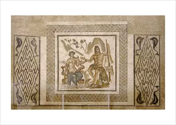 Polifemo and Galatea, a roman mosaic dating back to the 2nd century A. D. found in the subsoil of Plaza de la Corredera in 1959. Alcazar de los Reyes Cristianos (Alcazar of the Christian Kings), Cordoba. Andalucia, Spain