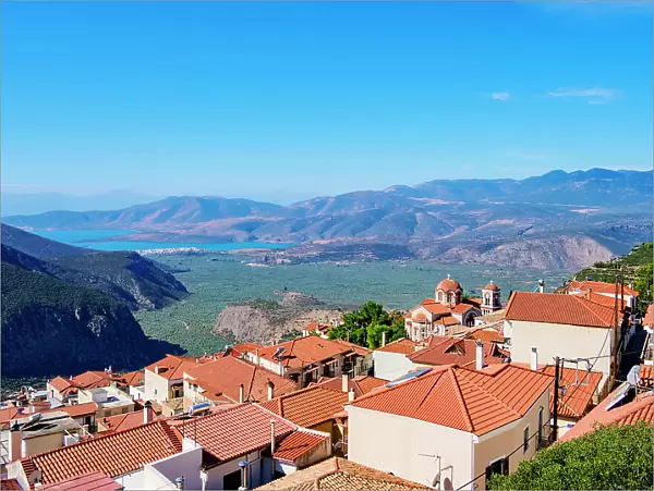 View over Delphi Town and Pleistos River Valley towards the Gulf of Corinth, Delphi, Phocis, Greece