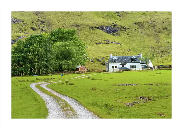 Road leading to cottage, Glencoe, Scottish Highlands, Scotland, UK